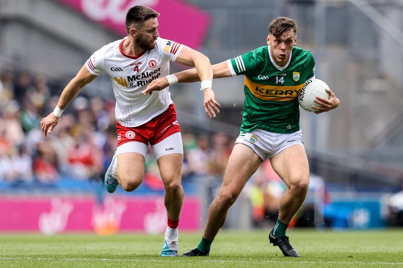 GAA Football All-Ireland Senior Championship Quarter-Final, Croke Park, Dublin 1/7/2023
Kerry vs Tyrone 
Tyrone's Pádraig Hampsey with David Clifford of Kerry 
Mandatory Credit ©INPHO/Ben Brady 