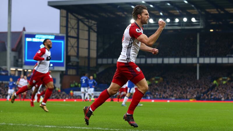 Jay Rodriguez celebrates scoring West Bromwich Albion’s opener against Everton. Photograph: Jan Kruger/Getty