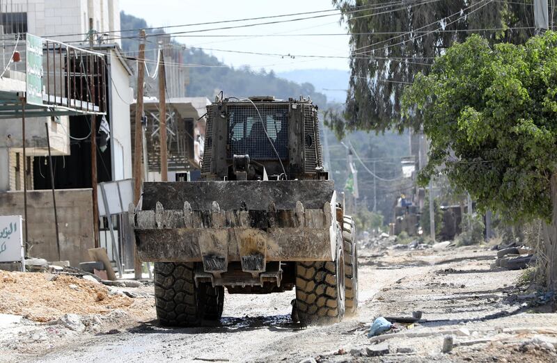 An Israeli army bulldozer in the West Bank refugee camp of Nour Shams on Saturday. Photograph: Stringer/EPA