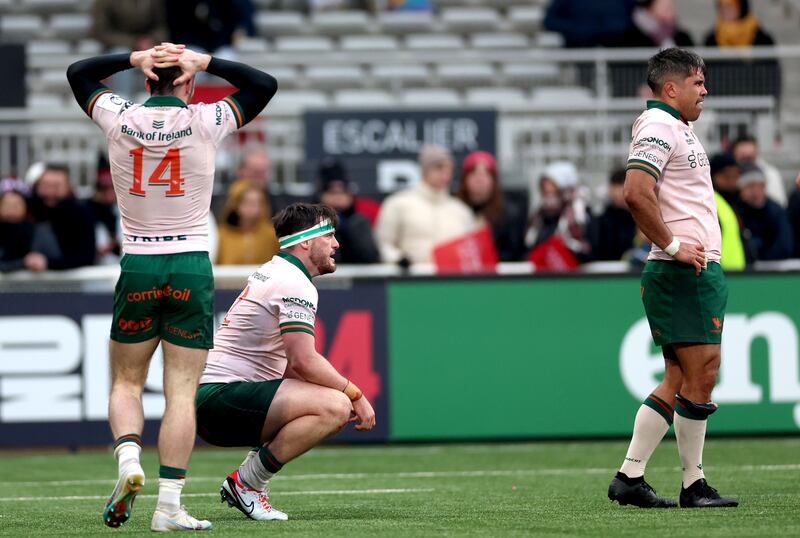 Connacht’s Andrew Smith, Tom Daly and Jarrad Butler dejected after losing to Lyon. Photograph: James Crombie/Inpho