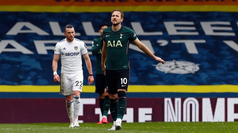 Harry Kane looks frustrated during Tottenham’s defeat to Leeds. Photograph: Jason Cairnduff/PA