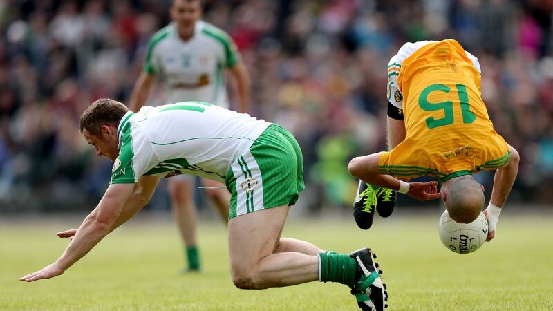 Action from the game between London and Leitrim. Photograph: James Crombie/Inpho