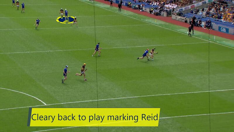 Conor Cleary is seen here with his back to the play marking TJ Reid, concentrating solely on his man even while a long way from the goal