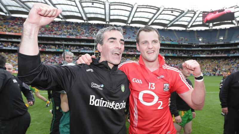 Former Donegal manager Jim McGuinness with forward   Michael Murphy after the 2012 All-Ireland semi-final win over Cork. Photograph: Inpho