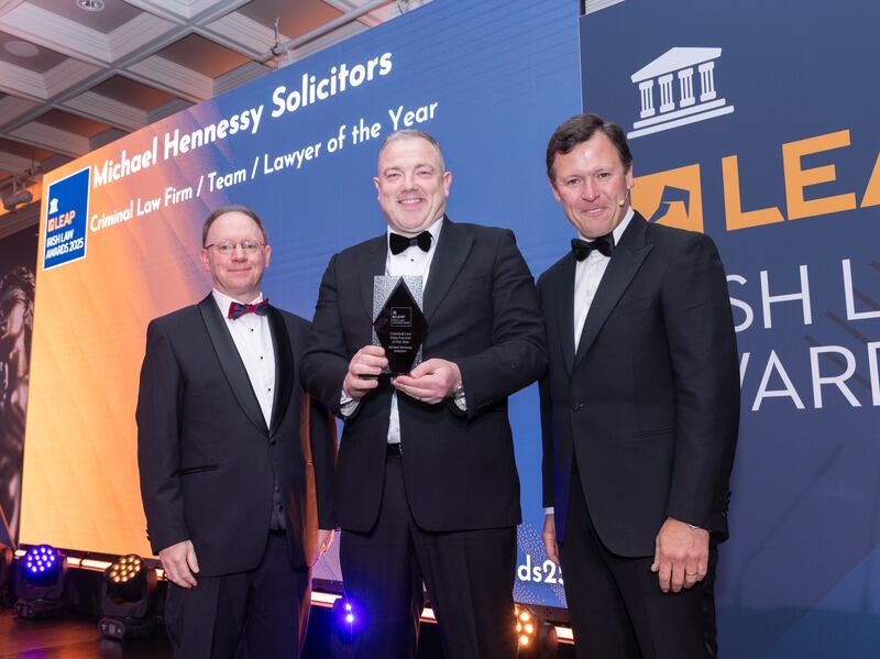 Richard Hammond, solicitor and partner at Hammond Good LLP and chair of the judging panel of the Leap Irish Law Awards; Michael Hennessy, managing partner at Michael Hennessy Solicitors; and Anton Savage, MC of the night. Photograph: Paul Sherwood