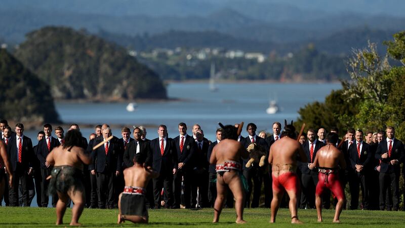 Captain Sam Warburton leads his team to the Maori welcome at the Waitangi Treaty Grounds. Photograph: PA