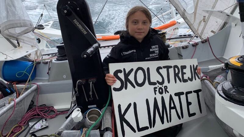 Swedish climate activist Greta Thunberg and a crew consisting of German skipper Boris Herrmann, filmmaker Nathan Grossman, founder of Team Malizia Pierre Casiraghi, and her father Svante Thunberg sailed to the US for the UN Climate Action Summit on the racing boat Malizia II. Photograph: Greta Thunberg/ EPA