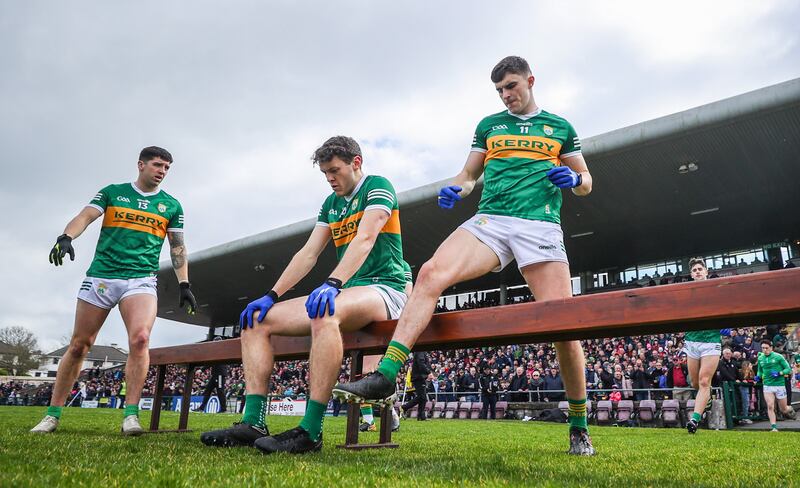 Kerry’s Tony Brosnan joins David Clifford and Seán O’Shea for a pre-game team photo: Brosnan was making a significant scoring contribution before illness struck. Photograph: Inpho/James Crombie