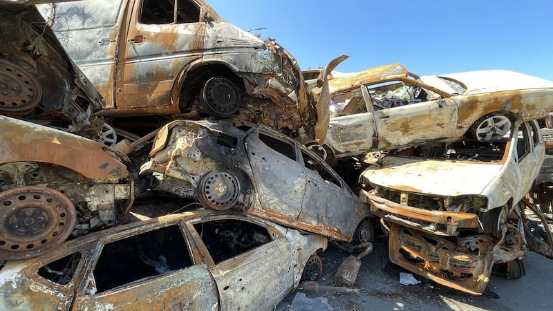 Bullet-riddled and burned-out cars piled up in Irpin after battles between Ukrainian forces and Russian troops for the town near Kyiv.
