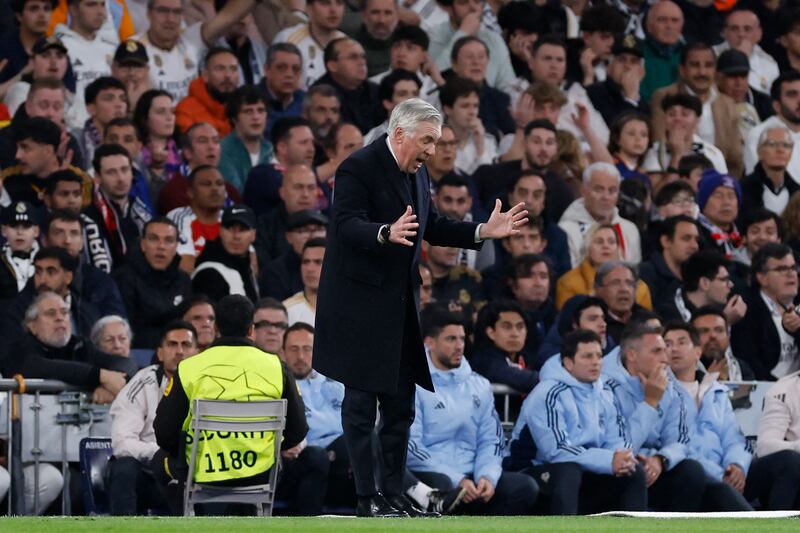 Real Madrid manager Carlo Ancelotti during the Champions League quarter-final second leg against Arsenal. Photograph: Oscar Del Pozo/AFP      