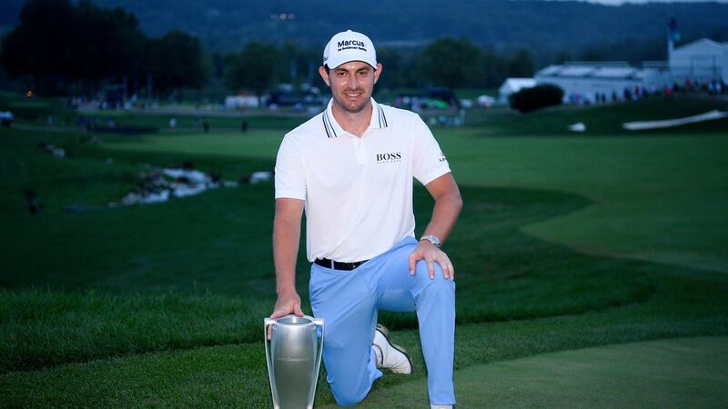 Patrick Cantlay celebrates after his win in the BMW Championship. Photograph: Nick Wass/AP