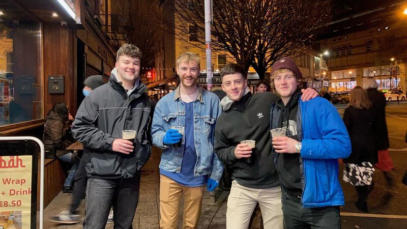 Joey Cook, Dara Murphy and friends in Dublin city centre on Saturday night. Photograph: Jade Wilson