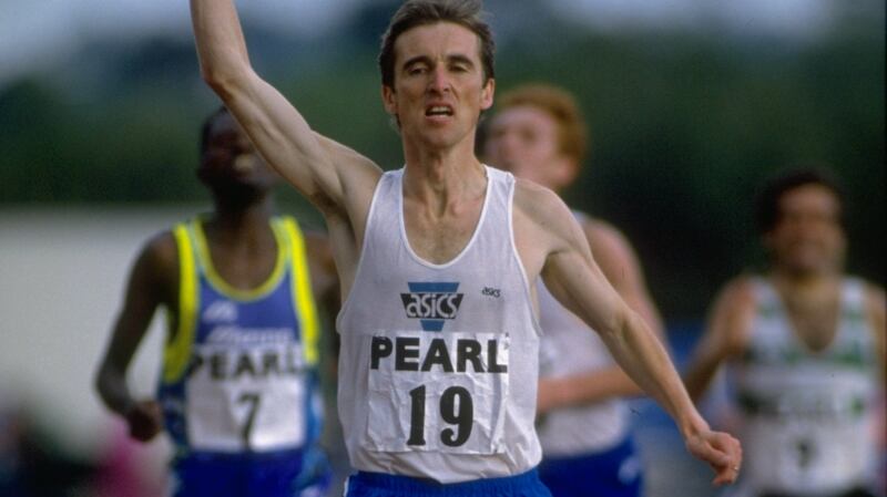 Frank O’’Mara raises his hand in victory as he wins the 3000 metres  at the Pearl Assurance Games in Belfast, Northern Ireland in 1993. Photograph:  Gray Mortimore/Allsport