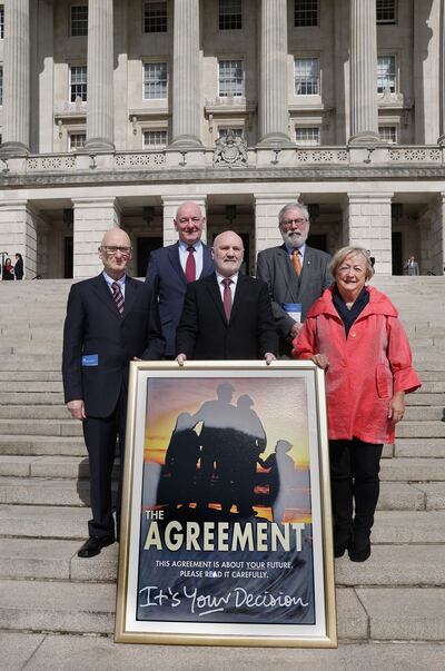 Speaker of the Northern Ireland Assembly Alex Maskey, Billy Hutchinson, Mark Durkan, Gerry Adams and Monica McWilliams ahead of a ceremony to celebrate the 25th anniversary of the Belfast Agreement at Stormont. Photograph: William Cherry/Presseye/PA
