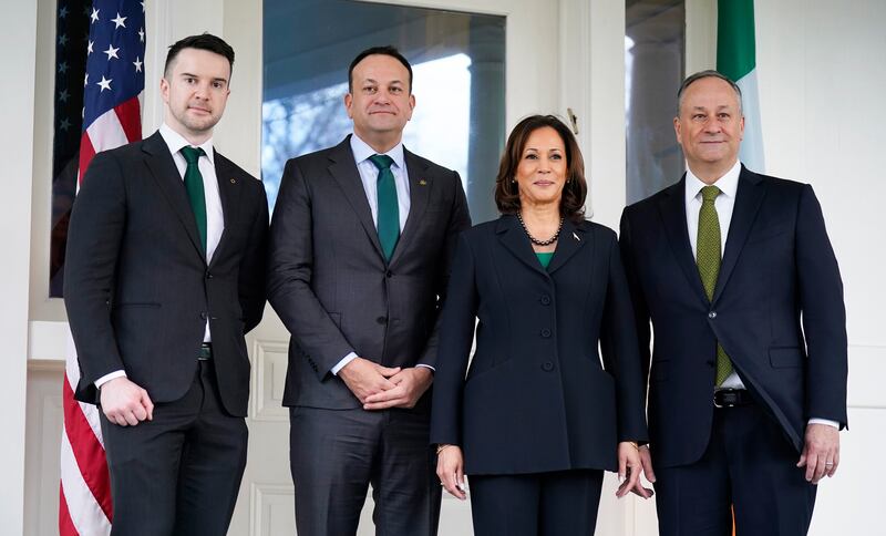 Taoiseach Leo Varadkar and partner Matt Barrett (left) with the US vice president Kamala Harris and her husband, Douglas Emhoff (right) during a breakfast meeting hosted by the VP at her official residence in Washington, DC. Photograph: Niall Carson/PA Wire 