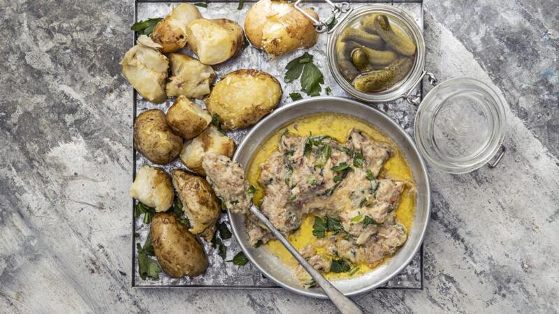 Smoked potatoes, smoked mackerel butter and cornichons