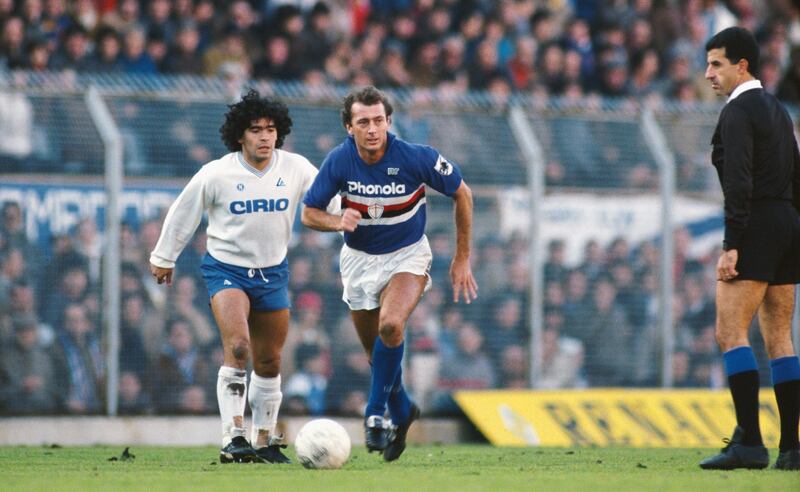 Trevor Francis glides past Diego Maradona during a Sampdoria-Napoli match in January 1985. Photograph: David Cannon/Allsport/Getty Images