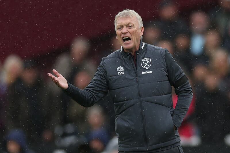 West Ham United's Scottish manager David Moyes gestures on the touchline during the English Premier League football match between West Ham United and Everton at the London Stadium, in London on October 29, 2023. (Photo by Adrian DENNIS / AFP) / RESTRICTED TO EDITORIAL USE. No use with unauthorized audio, video, data, fixture lists, club/league logos or 'live' services. Online in-match use limited to 120 images. An additional 40 images may be used in extra time. No video emulation. Social media in-match use limited to 120 images. An additional 40 images may be used in extra time. No use in betting publications, games or single club/league/player publications. /  (Photo by ADRIAN DENNIS/AFP via Getty Images)