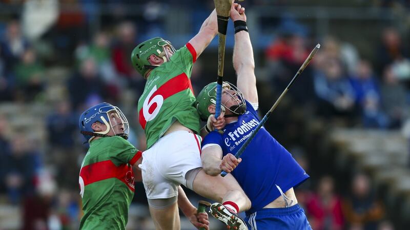 Loughmore-Castleiney’s John Meagher in action against Thurles Sarsfield’s Denis Maher in the Tipperary Senior Hurling Championship final at Semple Stadium on November 14th. Photograph: Ken Sutton/Inpho
