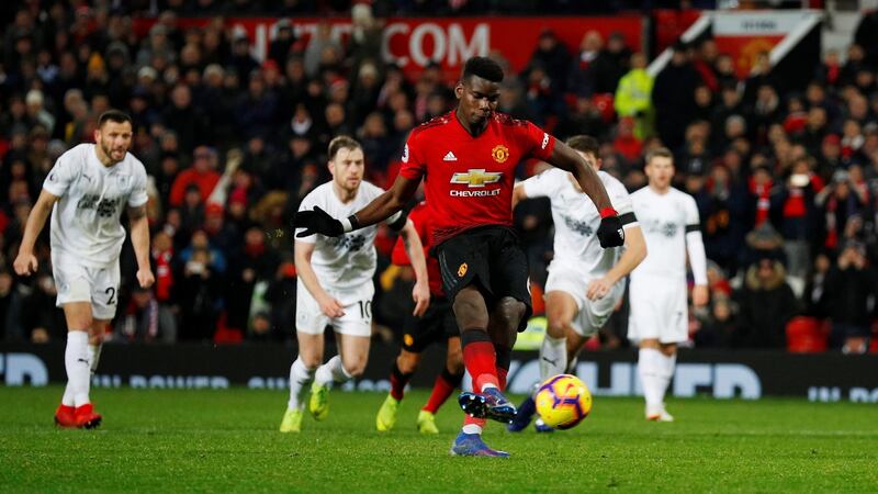 Paul Pogba scored Man United’s opener from the spot. Photograph: Phil Noble/Reuters