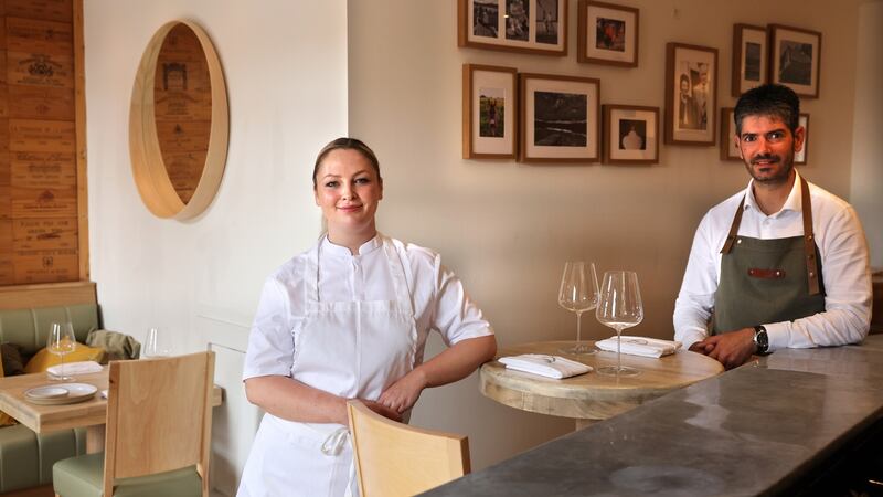 Chef Gráinne O’Keefe, in her restaurant Mae, above The French Paradox, in Ballsbridge, with manager Julien Chaigneau. Photograph: Dara Mac Dónaill