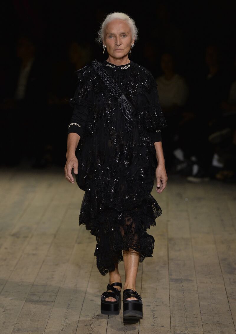Acclaimed Irish actor Olwen Fouéré walks in the Simone Rocha show at London Fashion Week. Photograph: Simone Rocha