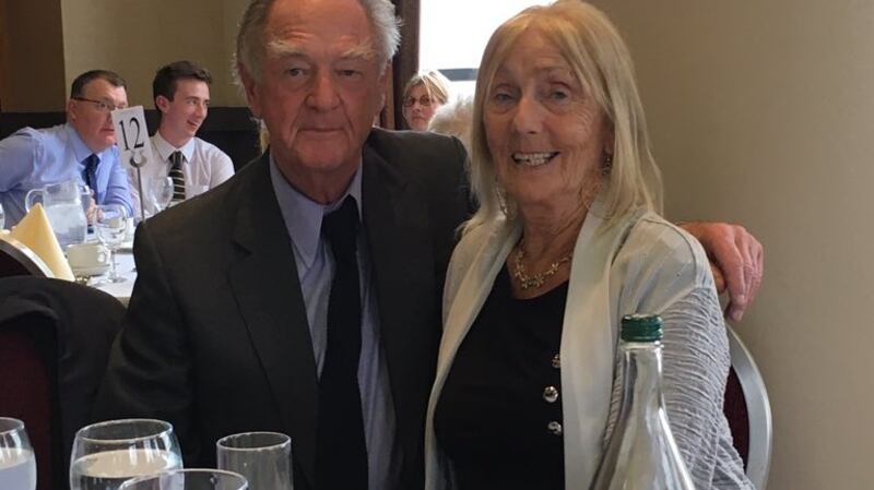 Former MI6 officer Michael Oatley –  who travelled to Derry for the funeral – with Brendan Duddy’s widow Margo. Photograph courtesy of Duddy family