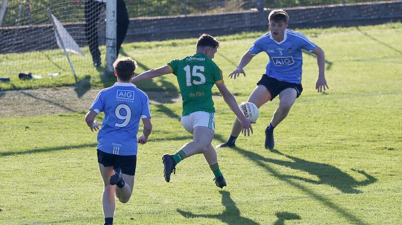 Meath’s Bryan McCormack scores a goal during the Electric Ireland Leinster MFC match against Dublin at  Páirc Tailteann in  Navan. Photograph:  Tommy Dickson/Inpho
