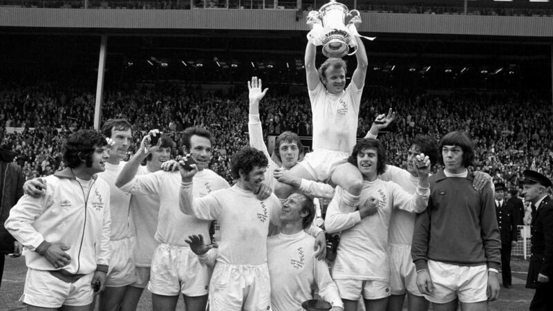 Leeds United’ Mick Bates (left) with team-mates after winning the FA Cup in 1972. Photograph: PA Photos/PA Wire