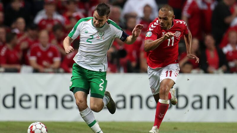 Republic of Ireland’s Séamus Coleman  and Denmark’s Martin Braithwaite battle for the ball during last Friday’s  Euro 2020 qualifier at Telia Parken in Copenhagen, which ended in  a 1-1 draw. Photograph: Bradley Collyer/PA Wire