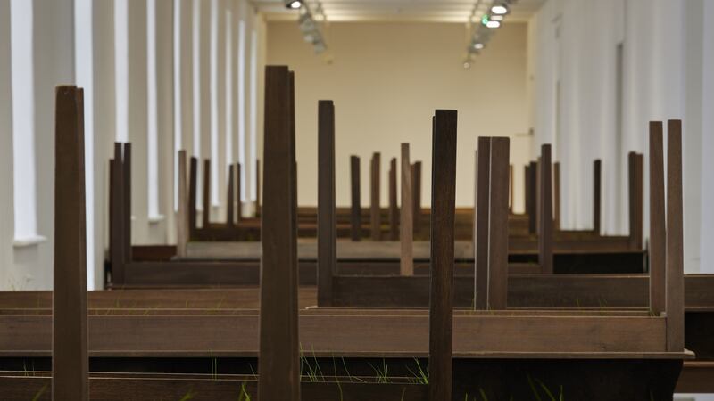 Doris Salcedo, Plegaria Muda, 2008–2010, Wood, mineral compound, cement and grass (28 units), Dimensions variable, Courtesy of the artist and White Cube Gallery, London. Installation view Doris Salcedo, Acts of Mourning, IMMA, Dublin, 2019. Photograph: Ros Kavanagh