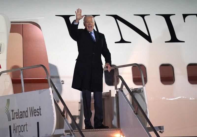 US president Joe Biden boards a plane to leave Ireland West Airport Knock, in Co Mayo, on April 14th, the last day of his visit to the island of Ireland. Photograph: Niall Carson/PA Wire