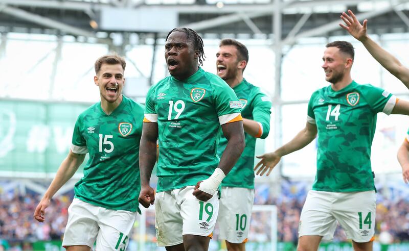 
Ireland’s Michael Obafemi celebrates scoring his side’s third goal against Scotland at the Aviva Stadium. Photograph: Ryan Byrne/Inpho