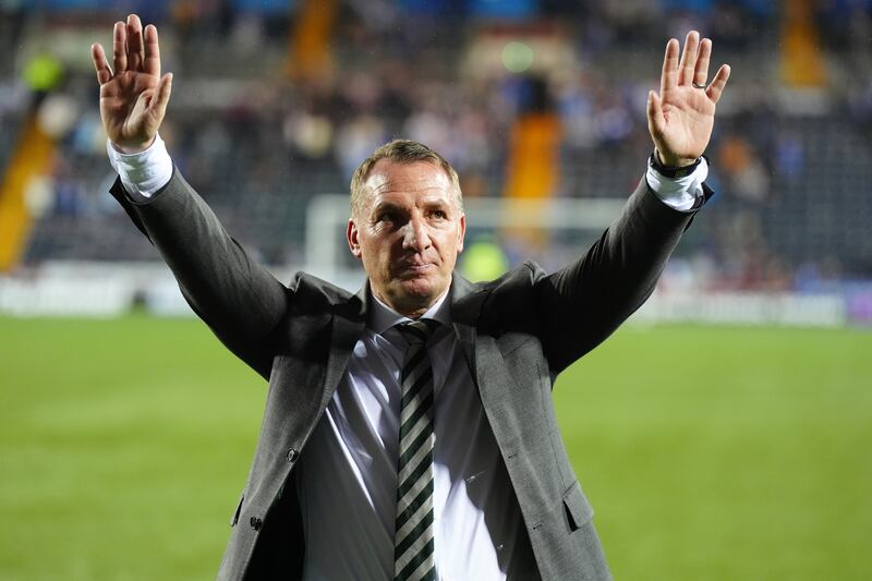 Celtic manager Brendan Rodgers celebrates after clinching the title. Photograph: Jane Barlow/PA Wire