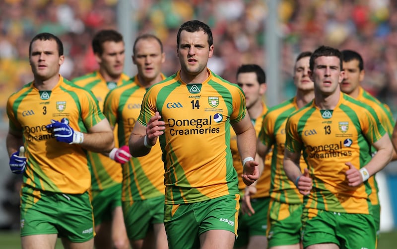 Michael Murphy leads the Donegal team out at Croke Park before the start of the before the start of the 2021 All-Ireland final against Mayo. Photograph: Cathal Noonan/Inpho