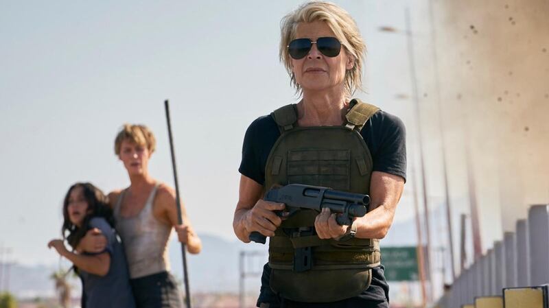 Natalia Reyes, Mackenzie Davis and Linda Hamilton in Terminator: Dark Fate
