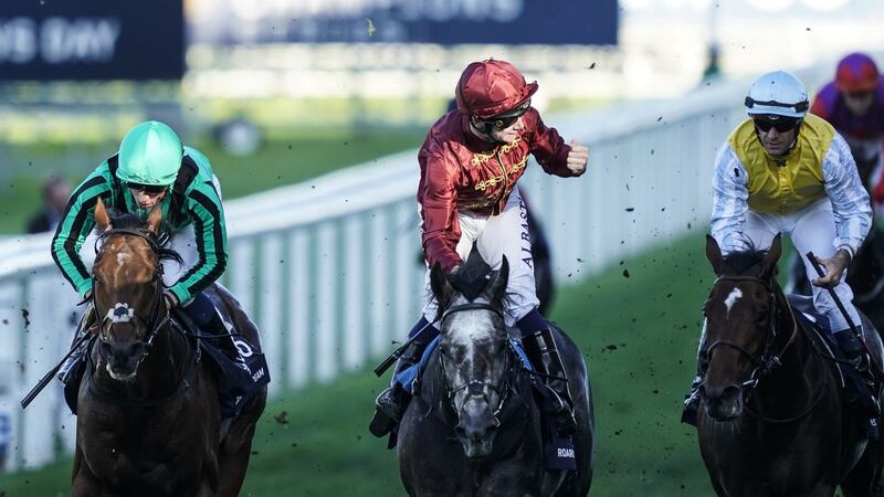 Oisín Murphy celebrates after riding Roaring Lion  to win The Queen Elizabeth II Stakes at Ascot. Photograph: Alan Crowhurst/Getty Images