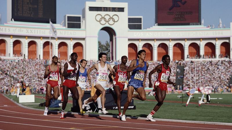 Italy’s  Donato Sabia (#520) in action during the 800m final at the 1984 Los Angeles Olympics at the Memorial Coliseum, where he finished fifth. Also pictured are Brazil’s Joaquim Cruz (#93) on his way to winning gold, Britain’s Sebastian Coe (#359), who took silver, and Earl Jones (#903), who won bronze. Photograph:  Tony Duffy/Getty Images
