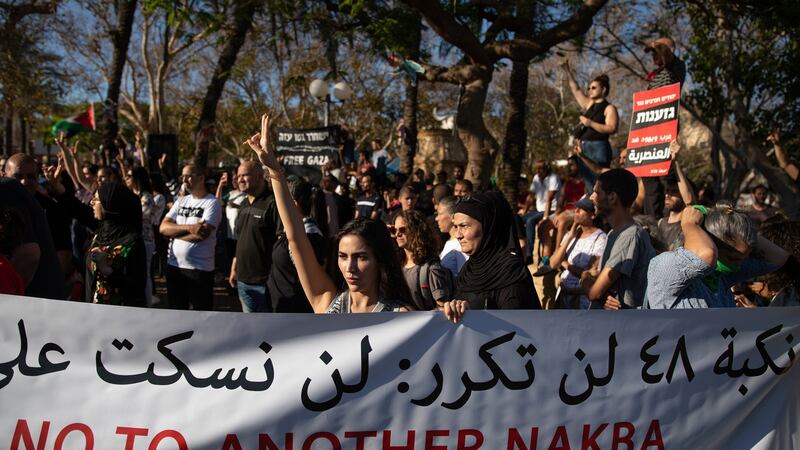 Israeli Arabs protest against Israel’s occupation and its air campaign in Gaza, in  Jaffa near Tel Aviv on Tuesday. Photograph: Corinna Kern/The New York Times