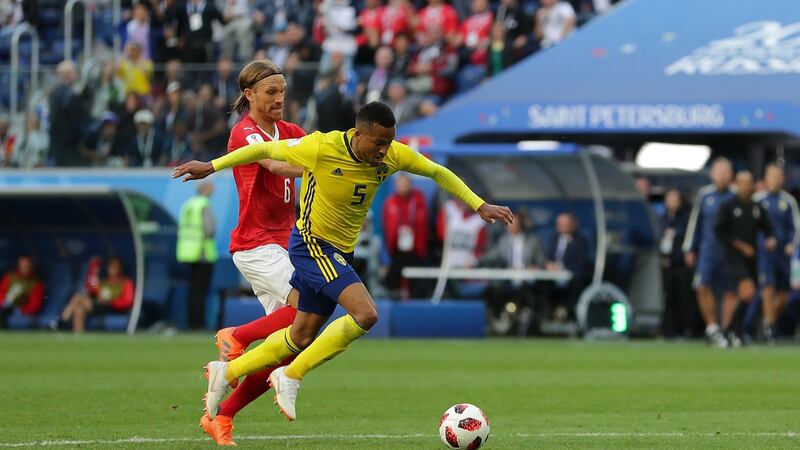 Sweden v Switzerland: Penalty is given and a red card shown to Michael Lang of Switzerland. Photograph: Richard Heathcote/Getty Images