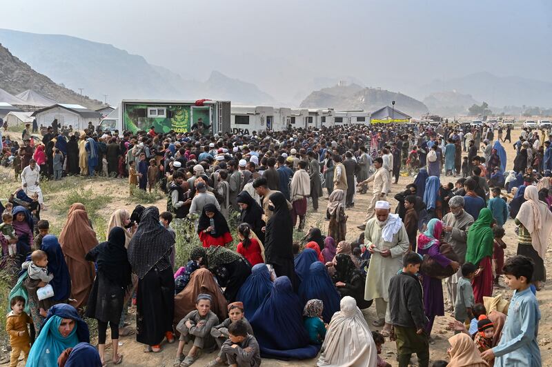Afghan refugees at a holding centre in Landi Kotal as they prepare to depart Pakistan as a government deadline for them to leave sparked a mass exodus. Photograph: Farooq Naeem/AFP/via Getty Images