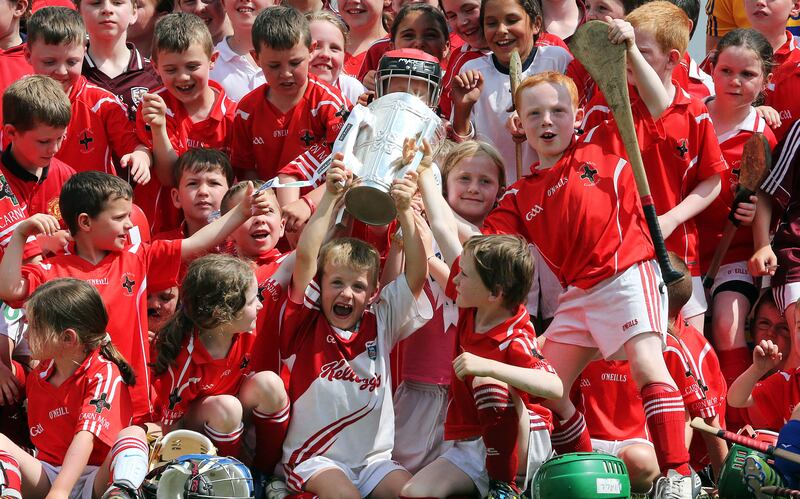 Children at a hurling Cúl Camp in 2013 lift the Liam McCarthy Cup. Photograph: INPHO/Donall Farmer