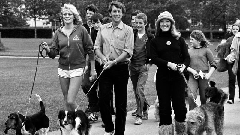 John Noakes, with his dog Skip, taking part in a sponsored Dog Jog in Regent’s Park, London, in June 1980.   Photograph: PA Wire