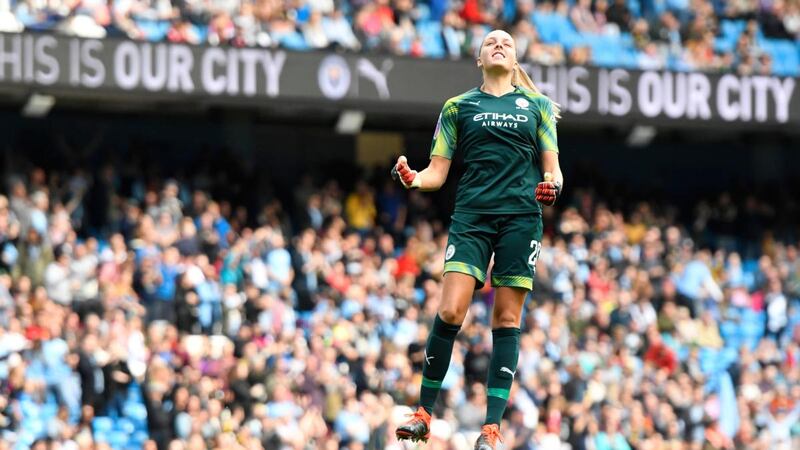 Manchester City goalkeeper Ellie Roebuck  celebrates after her team scored against Manchester United  at Etihad Stadium in the  Women’s Super League. Photograph:  George Wood/Getty Images