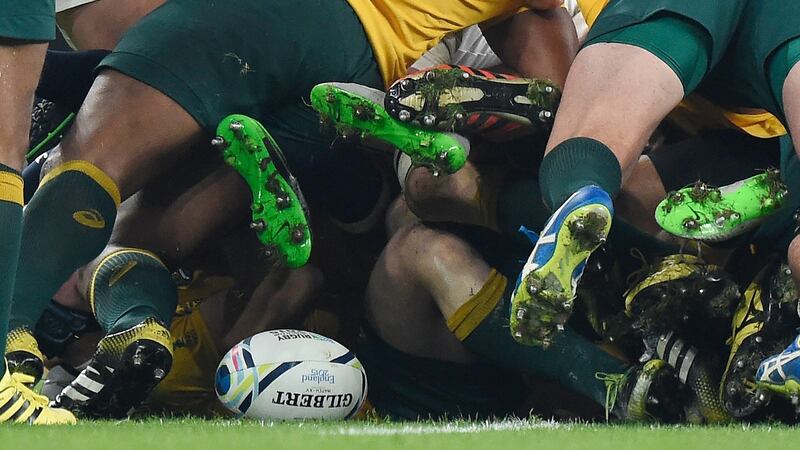 The  ball is seen at the base of a scrum during the  match  between England and Australia at Twickenham. Photograph: EPA