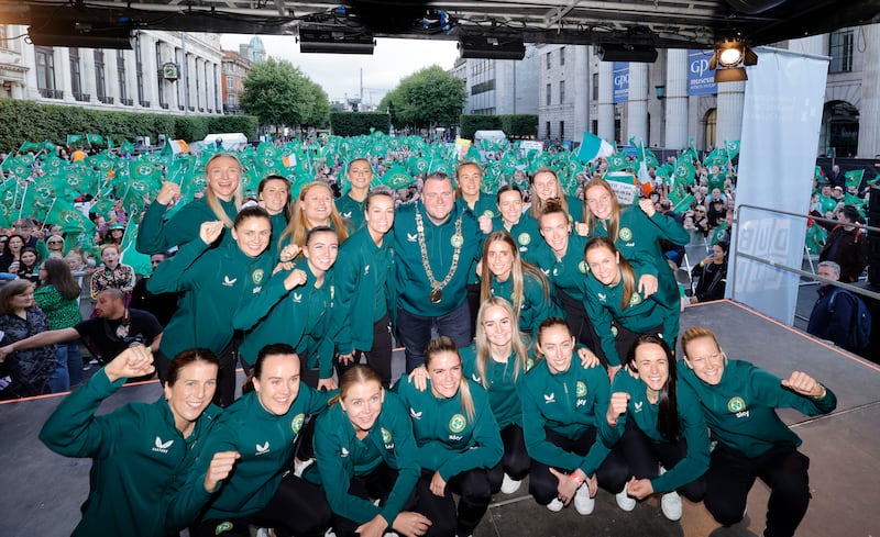 Members of the Republic of Ireland team on stage at Dublin's O’Connell Street. Photograph: Alan Betson
