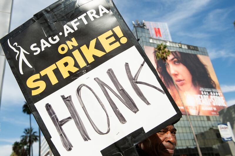 Members of the Screen Actors Guild walk a picket line outside of Netflix in Los Angeles in September. Photograph: Valerie Macon/AFP/Getty Images