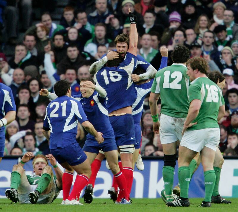 France's Vincent Clerc is congratulated by teammates after scoring the match-winning try against Ireland at Croke Park in February 2007. Photograph: by Jamie McDonald/Getty Images