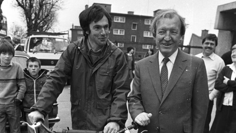 Mr Haughey, with Mr Tony Gregory, TD, before he started a sponsored cycle from Dublin to Kilnacrott, Co Cavan, to raise money for a holiday home for inner city children in 1982. Photograph: Peter Thursfield