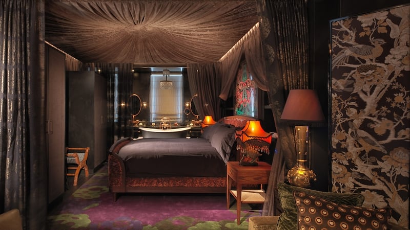 Interior designer Tala Fustok installed a Bedouin-style canopy of folded fabric above the super luxurious bed of the Mandrake Suite at the Mandrake Hotel in London’s Fitzrovia.